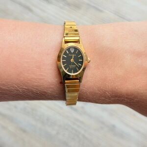 Vintage Armitron Diamond Quartz Gold Tone Watch Black Dial Dainty Working